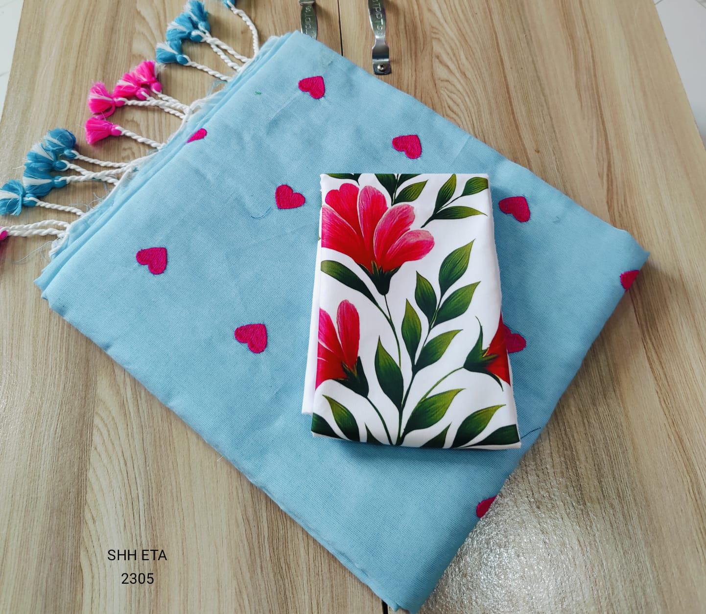 Heart Embroidery Mul Cotton Handloom Saree